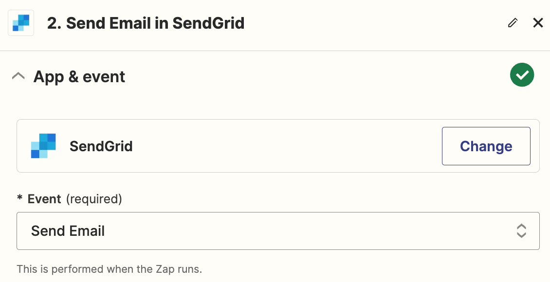 An action step in the Zap editor with SendGrid selected for the action app and Send Email selected for the action event.