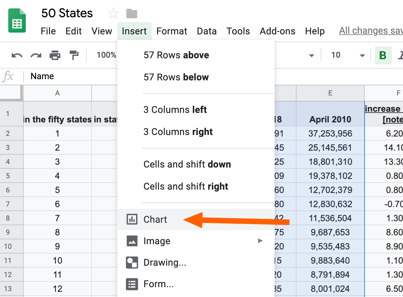 Google Sheets insert chart