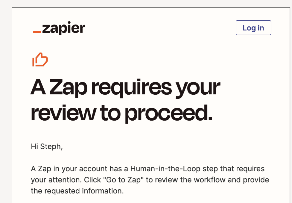 An email alert about needing human-in-the-loop approval for a workflow