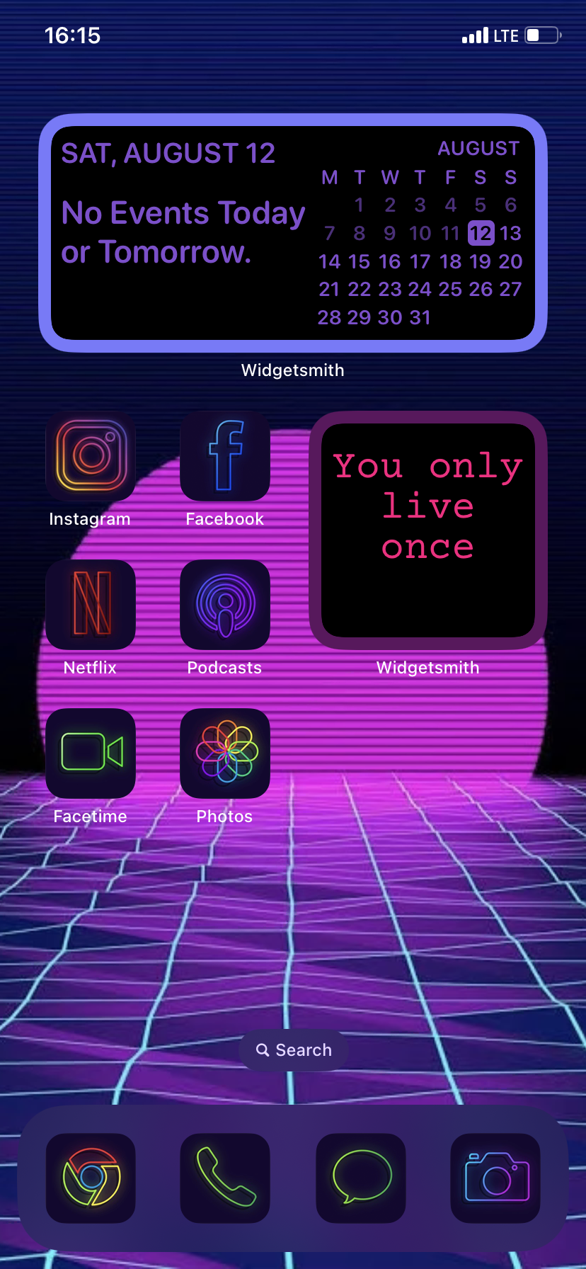 An iPhone home screen with neon icons and custom neon widgets