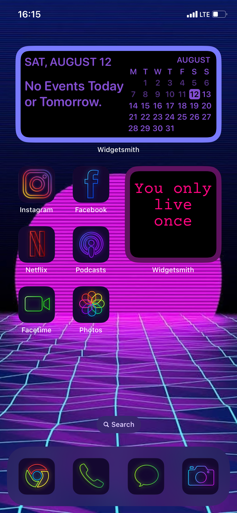 An iPhone home screen with neon icons and custom neon widgets