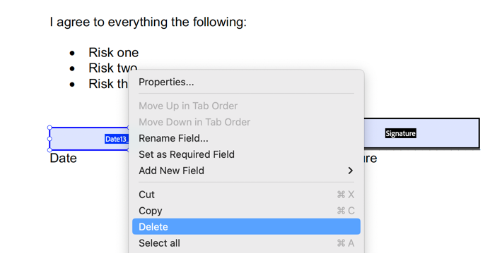 Expanded view of the right-click menu for a form field component in Adobe. The option to delete is highlighted.