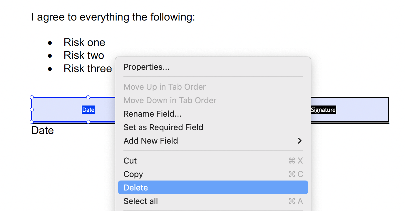 Expanded view of the right-click menu for a form field component in Adobe. The option to delete is highlighted.