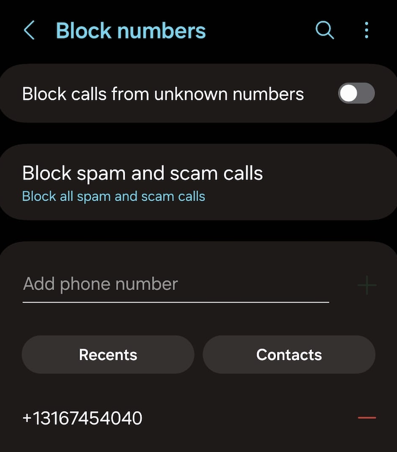 List of blocked numbers on an Android device. 