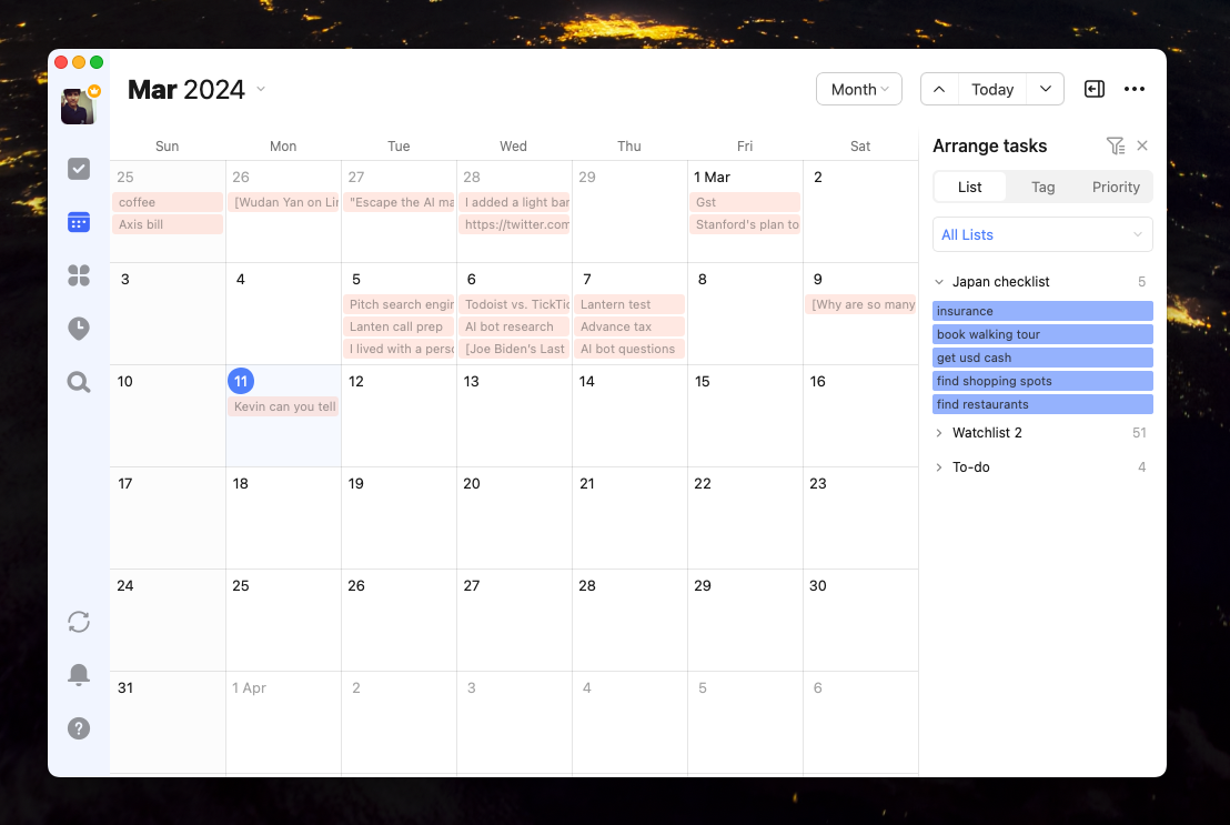 TickTick's built-in calendar