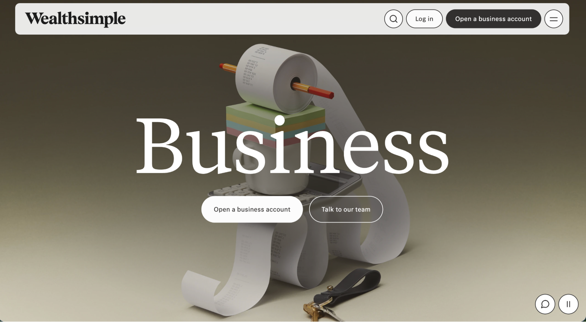 Wealthsimple Business landing page with two CTAs: open a business account or talk to our team. 