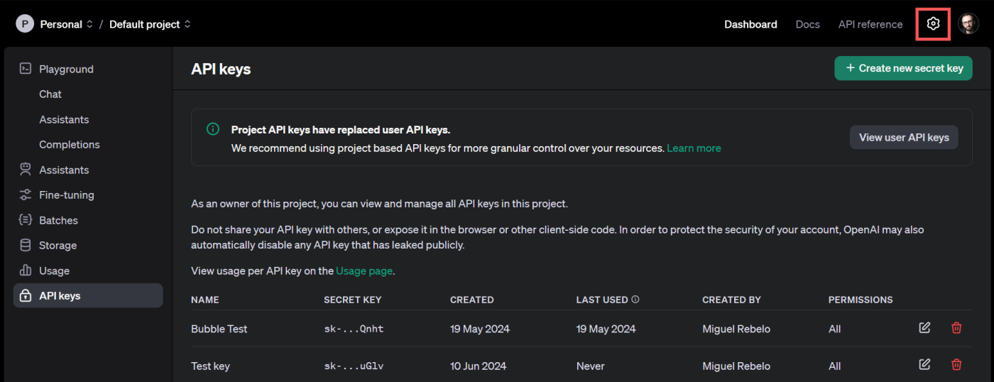 The Settings button in the OpenAI playground