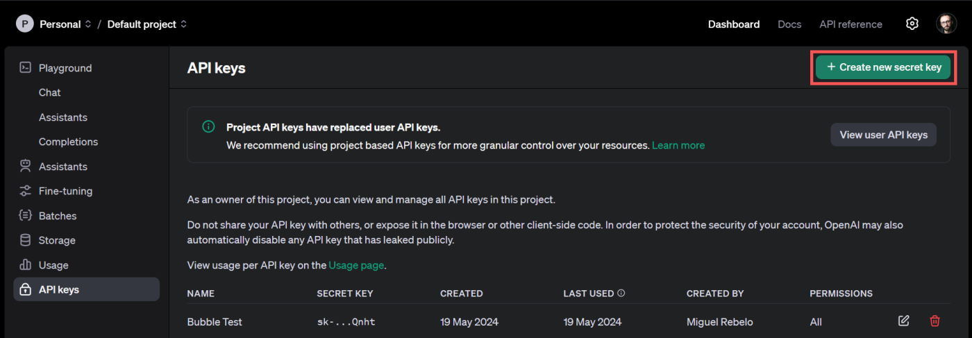 The Create new secret key button in the OpenAI playground