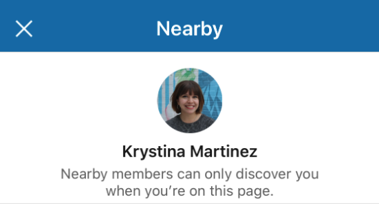 A screenshot of the Find Nearby feature turned on in the LinkedIn iOS app.