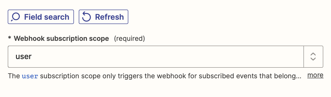The webhook subscription scope field with user selected in the field.