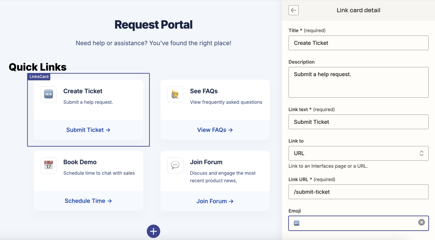 Screenshot of create ticket link card details