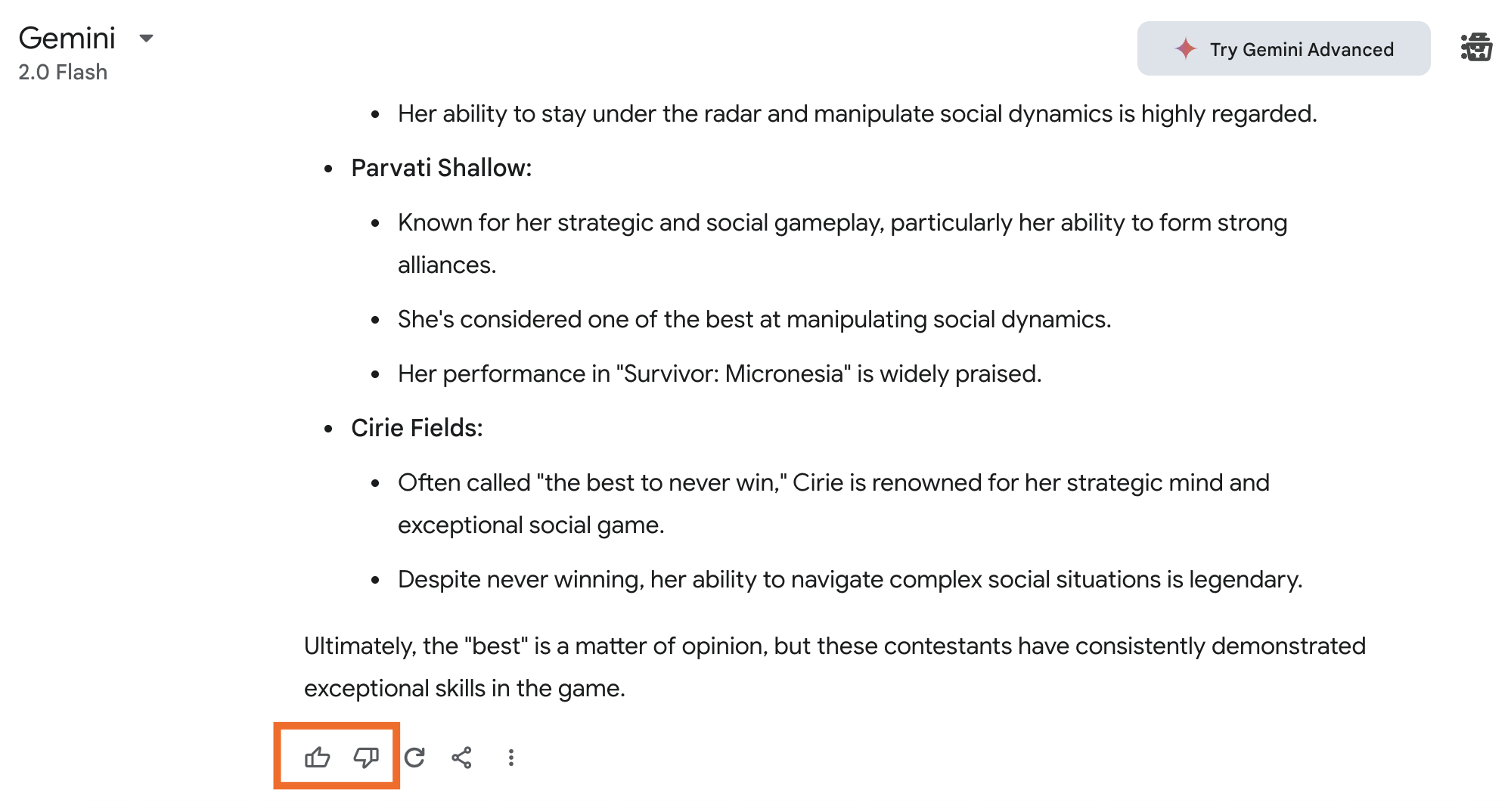 Gemini conversation with the like and dislike buttons beneath a Gemini response highlighted. 