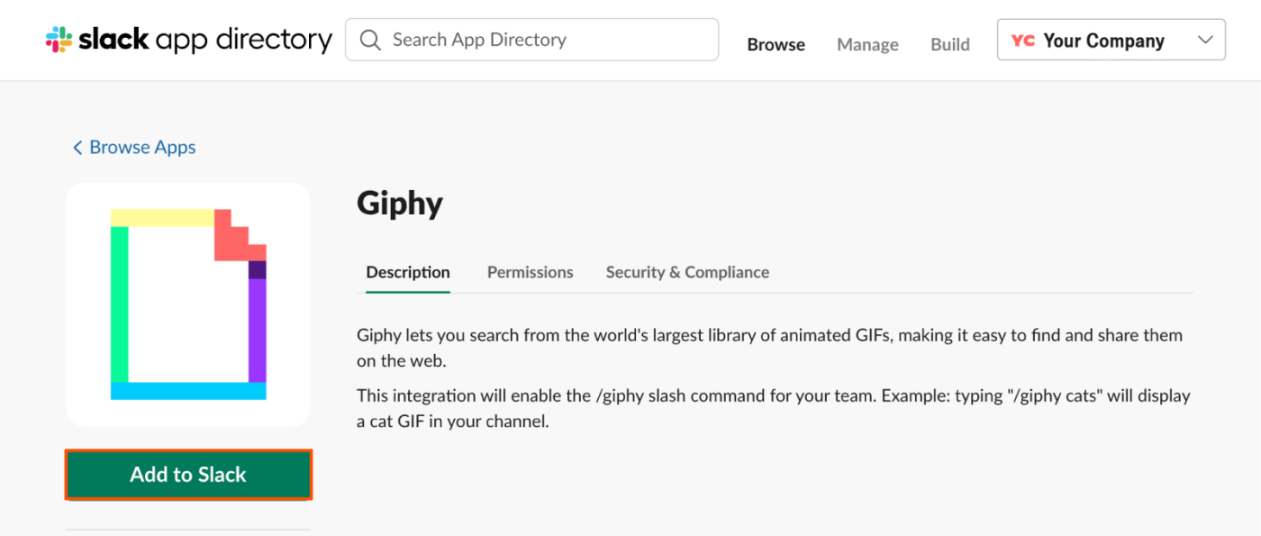 Screenshot showing the GIPHY app and a button that says "Add to Slack."