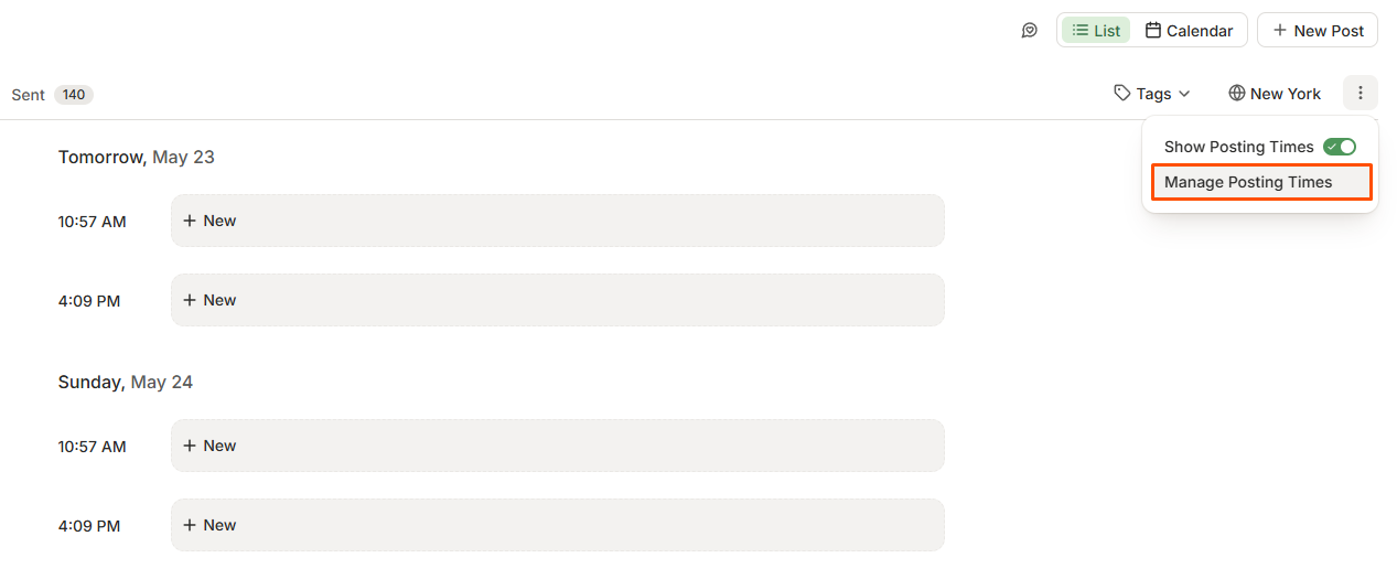 El calendario de publicaciones en Buffer