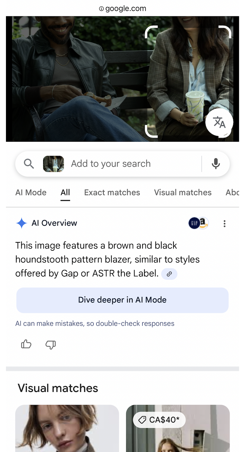 Reverse image search results, including an AI overview and shopping links. 