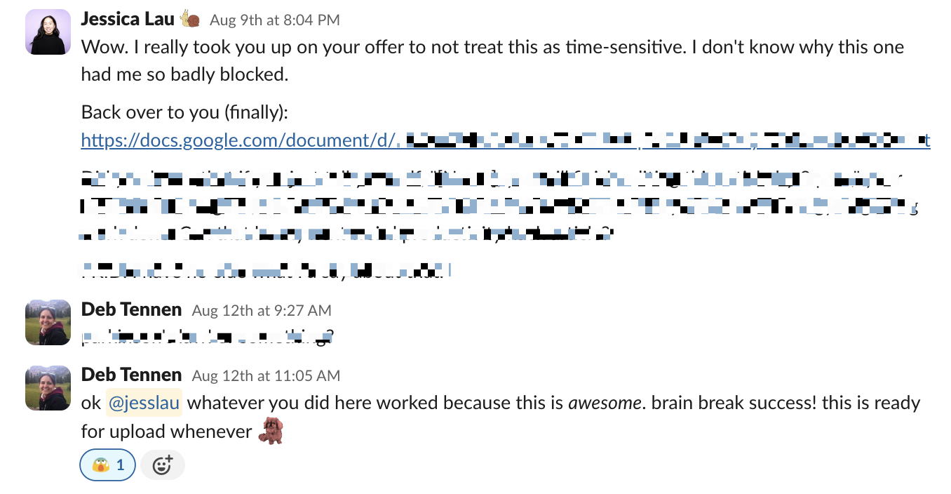 Portion of a Slack conversation that highlights the benefit of taking a brain break. 