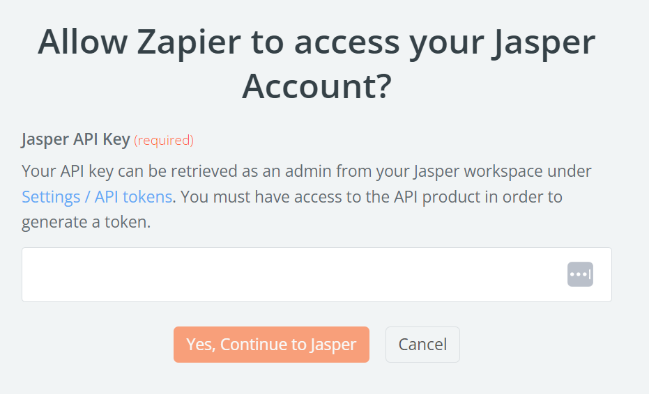 A pop-up window asking "Allow Zapier to access your Jasper Account?" with a field to paste an API key.