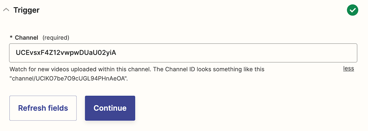 A series of numbers and letters entered in the Channel field in a trigger step in the Zap editor.