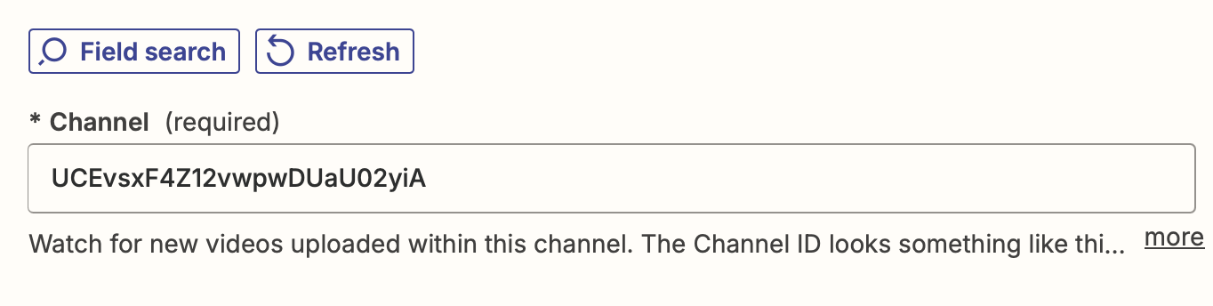 A series of numbers and letters entered in the Channel field in a trigger step in the Zap editor.