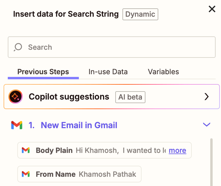 A window in the Zap editor with options to map data from a previous step