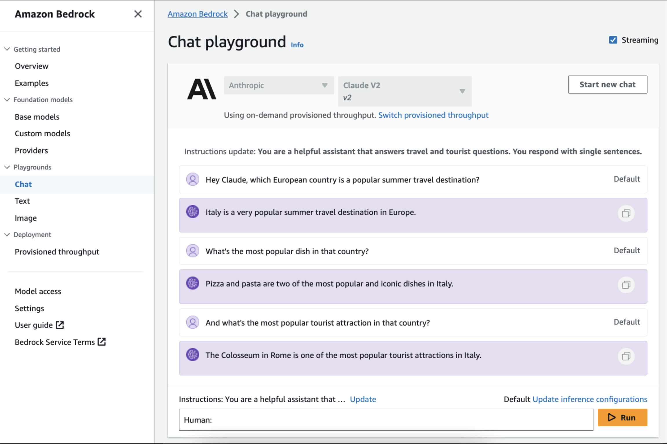 A screenshot of AWS Bedrock, an AI orchestration tool.