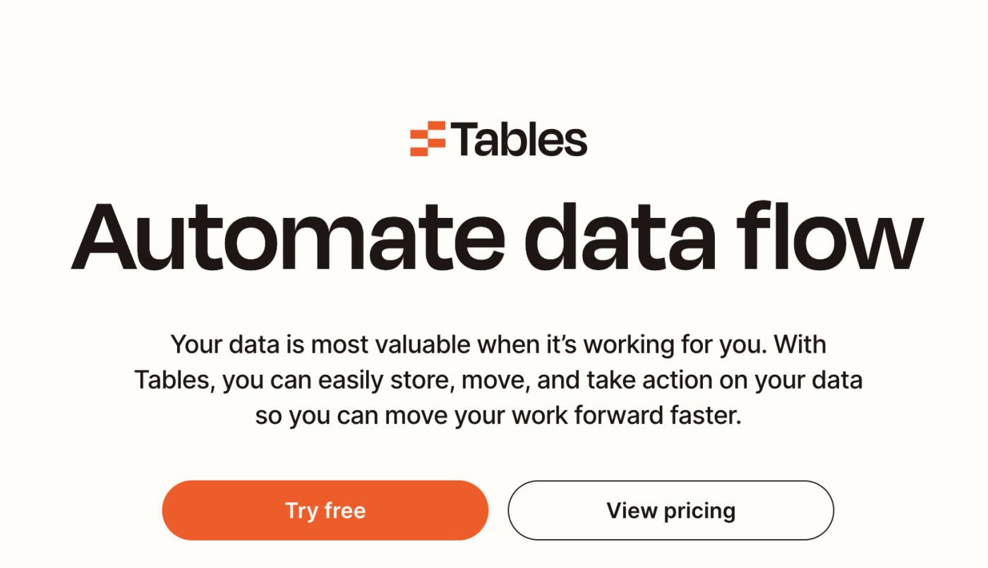 Screenshot of tables home page