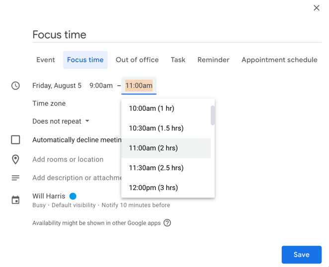 Creating a focus time entry in Google Calendar