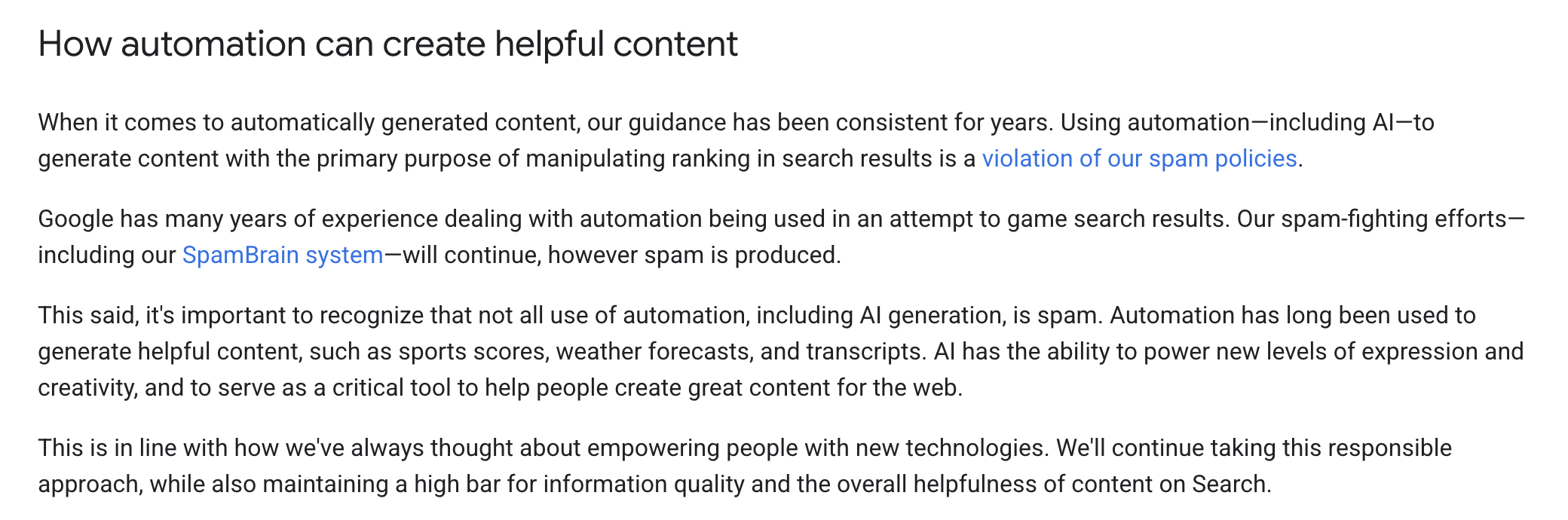 Screenshot of Google's guidance on AI-generated content