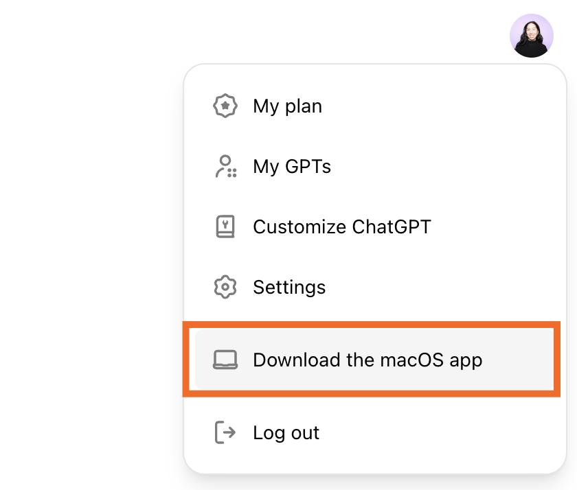 Expanded view of the profile dropdown in ChatGPT with the option to download the macOS app highlighted.