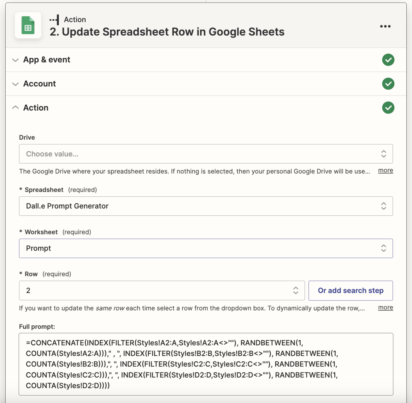A Google Sheets step in the Zap editor with a formula pasted in the full prompt field.