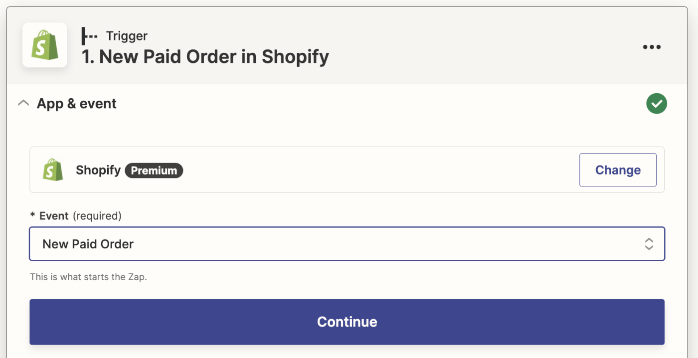 Shopify chosen as the app and New Paid Order as the Event