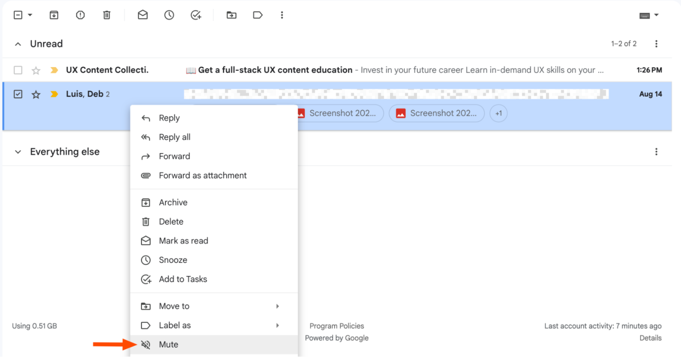 How to mute an email in Gmail from the inbox.