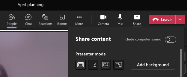 The different presentation mode options in Microsoft Teams