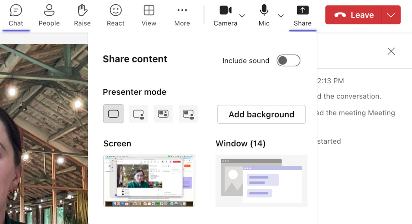 The different presentation mode options in Microsoft Teams