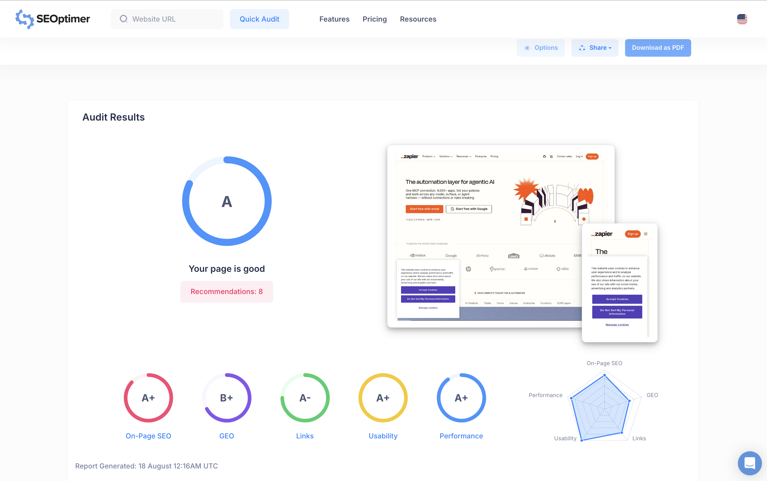 Screenshot of the audit results dashboard on SEOtimer, showing ratings of on-page SEO, links, usability, performance, and social metrics, with an overall A minus grade