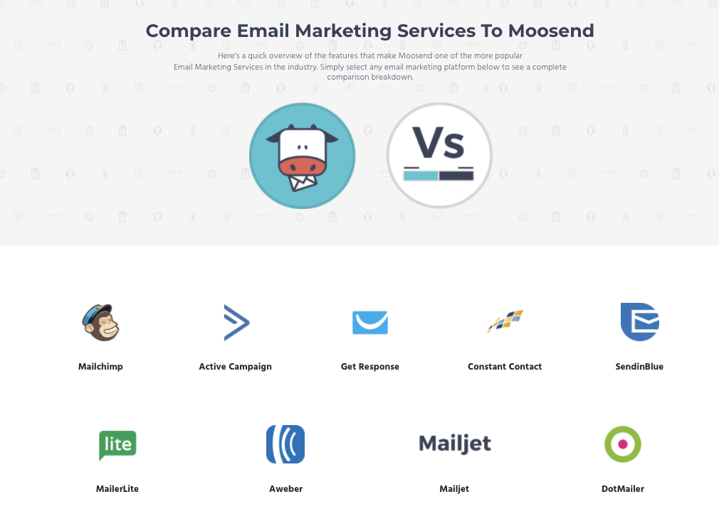 Moosend's old landing pages for "vs" keywords for email marketing tools