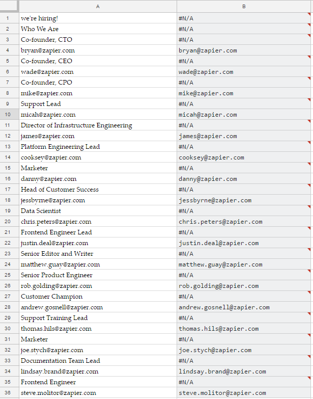 Email address table Google Sheets regex