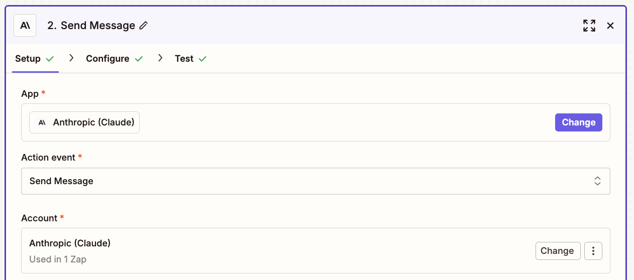 An action step in the Zap editor with Anthropic (Claude) selected for the action app and Send Message selected for the action event.