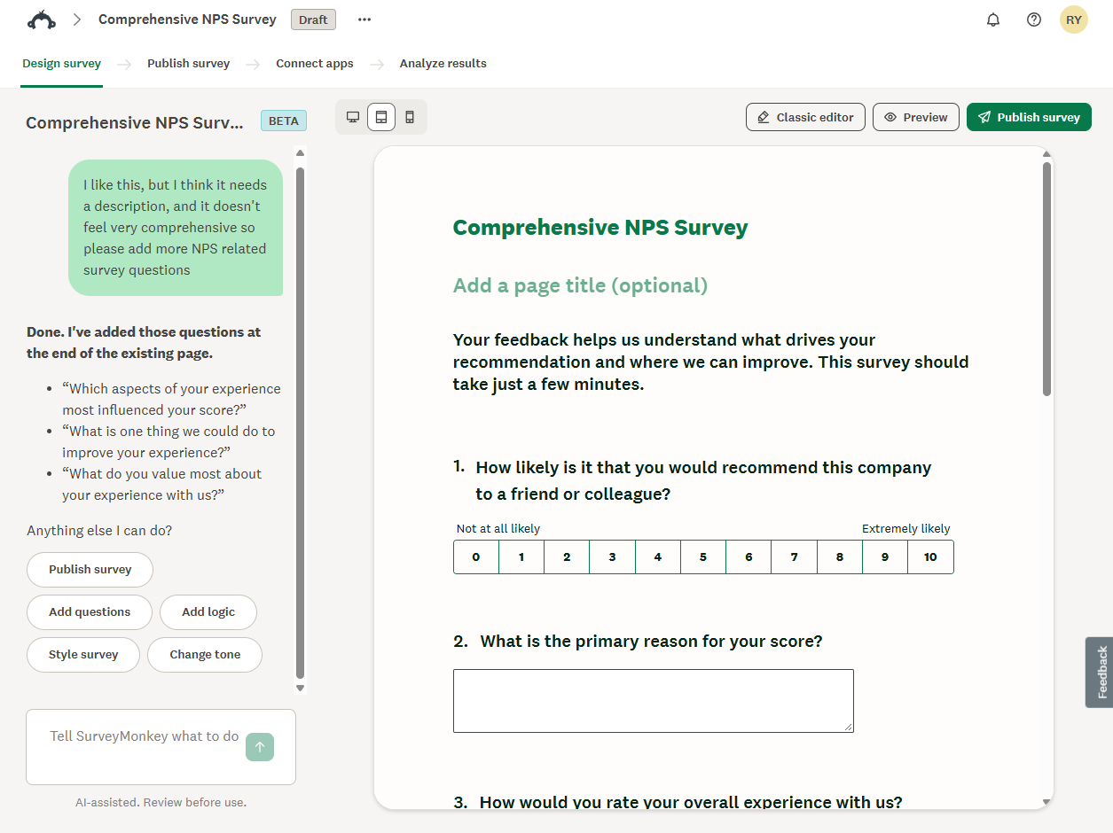 SurveyMonkey's Build with AI feature for creating a survey with AI