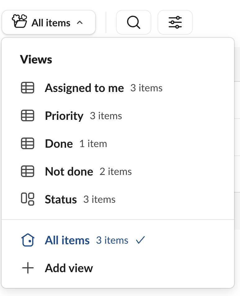 The views dropdown lets you filter item views by things like assignee, priority, or status. 