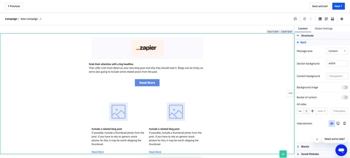 Screenshot of ActiveCampaign email building interface with Zapier logo.
