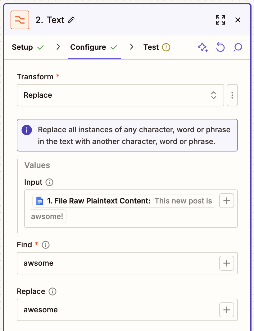 A screenshot of a window in the Zap editor with the Transform field set to Replace and the contents of a Google Doc mapped to the Input field; the Find and Replace fields are set to change "awsome" to "awesome"