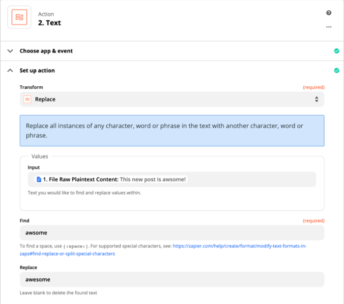 zapier-formatter-guide-05-find-replace Use Formatter to replace text, like a common misspelling, with the correct word.