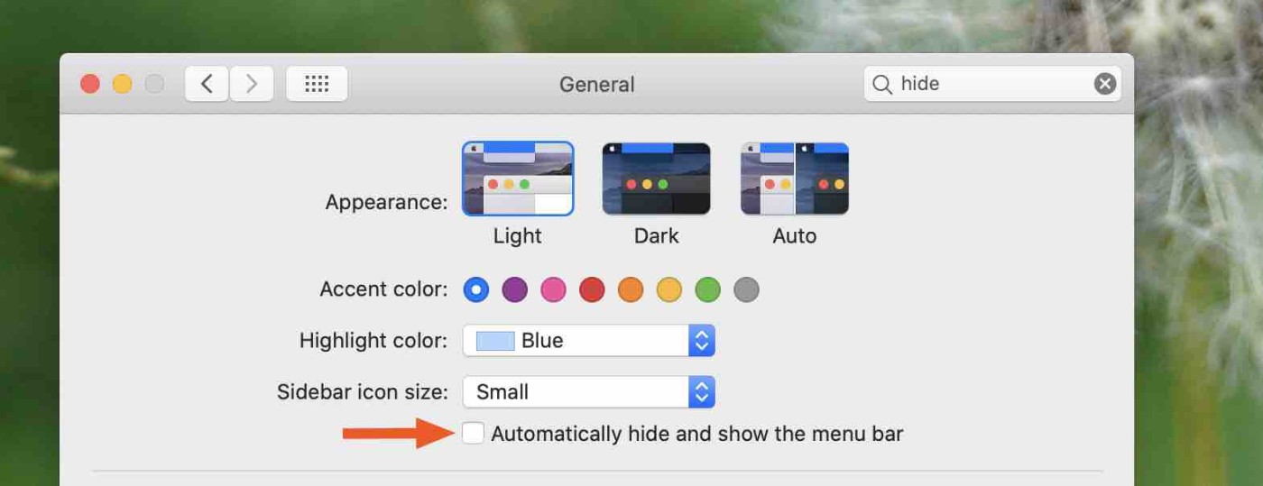 The option to hide the menu bar in System Preferences on macOS