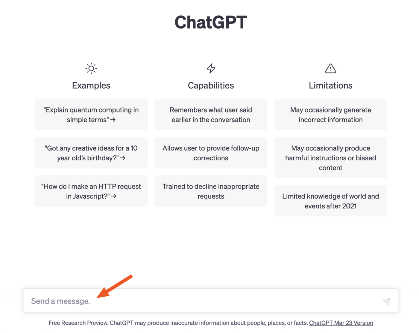 Partie de la page d'accueil de Chatgpt avec une flèche pointant vers la barre de message en bas de la page