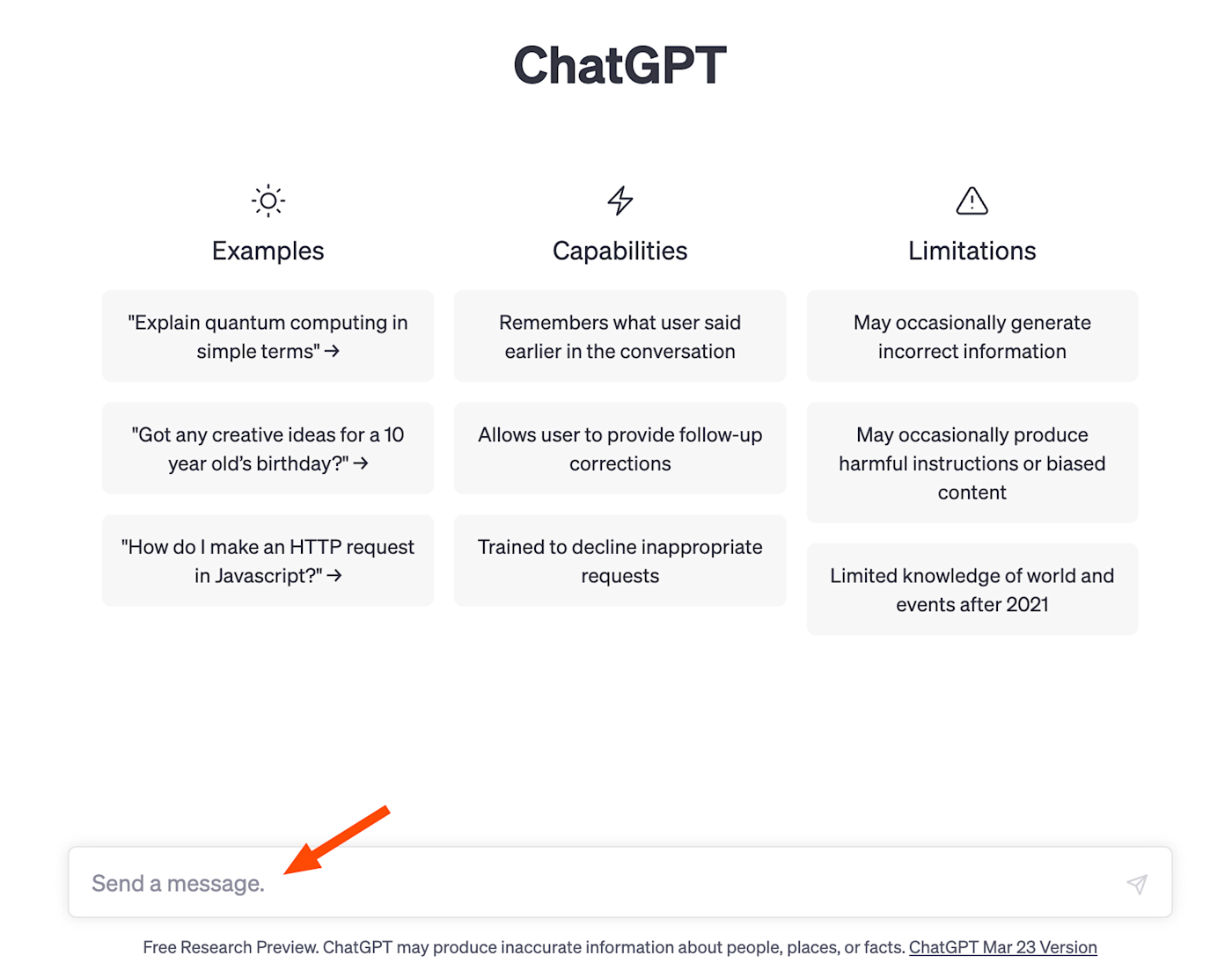 Τμήμα της αρχικής σελίδας ChatGPT με ένα βέλος που δείχνει τη γραμμή μηνυμάτων στο κάτω μέρος της σελίδας