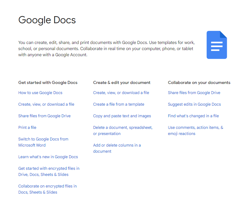 The landing page of Google Docs' help center