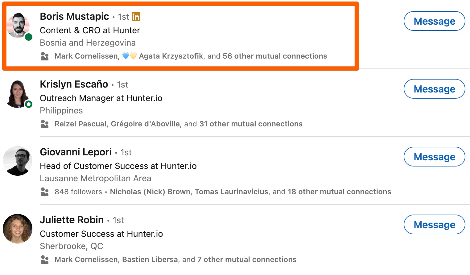 A list of employees of a company on LinkedIn, in order to find relevant people for outreach to request backlinks on unlinked mentions
