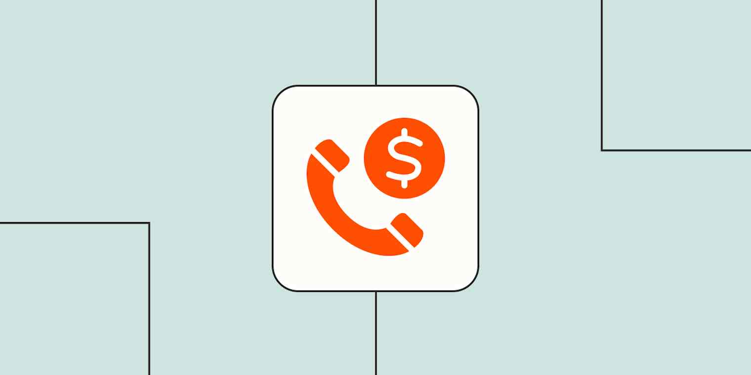 An orange icon of a phone next to a dollar sign against a sky blue background