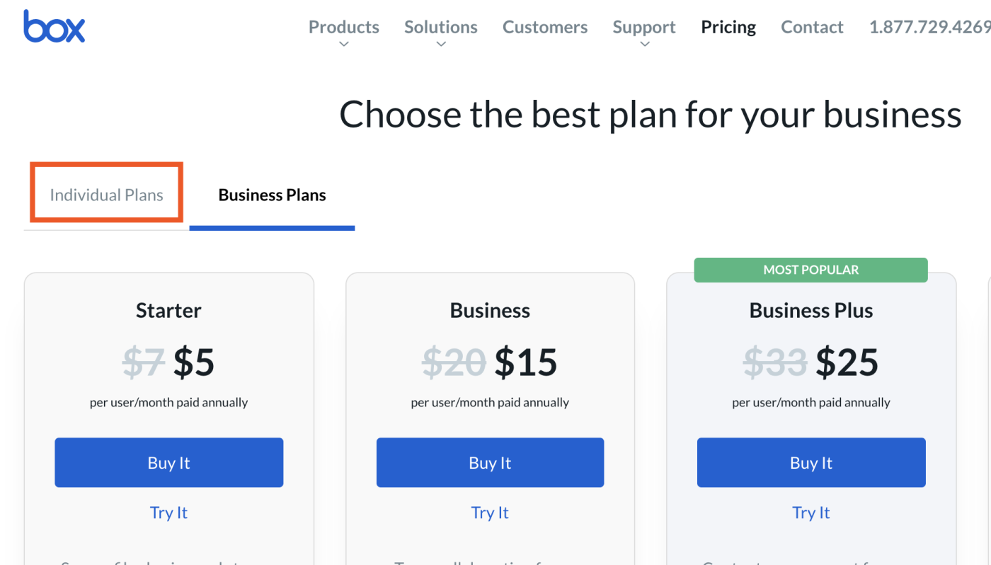 Showing the Individual Plans tab on the Box pricing page
